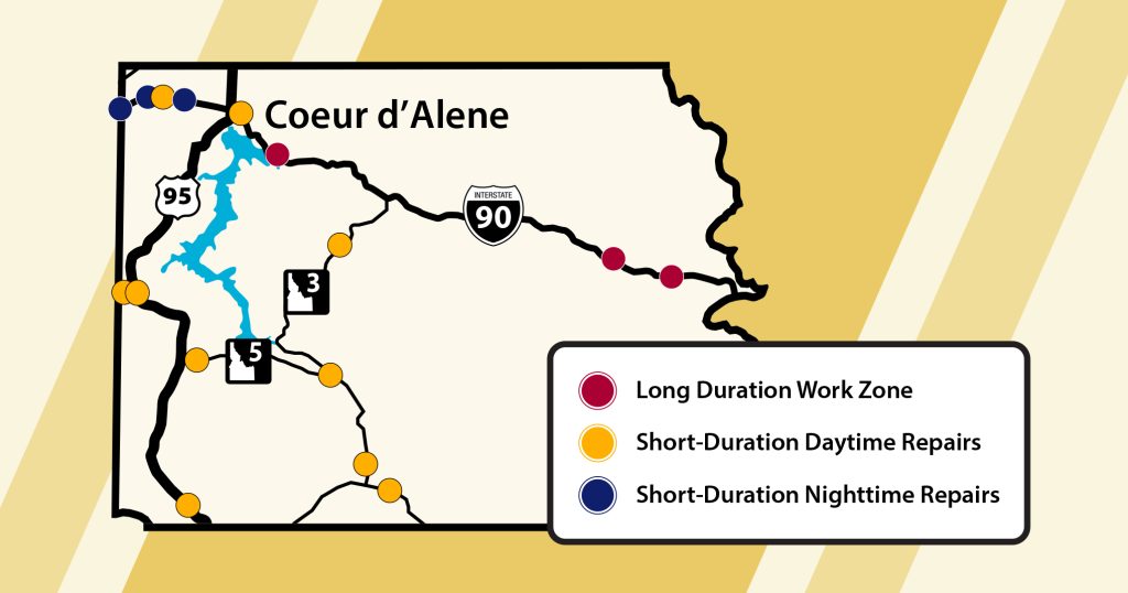 Map of the state highway system in North Idaho with various dots showing approximate locations of upcoming bridge repair projects in 2026. Red dots show long duration work zones, yellow dots show short term, daytime work zones and blue dots represent short term, nighttime work zone.