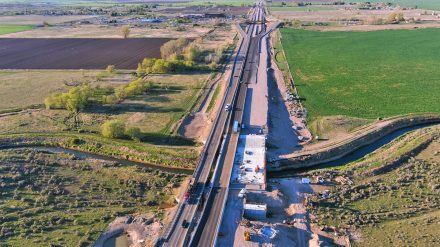 Aerial view of I-15 near Fort Hall during construction.