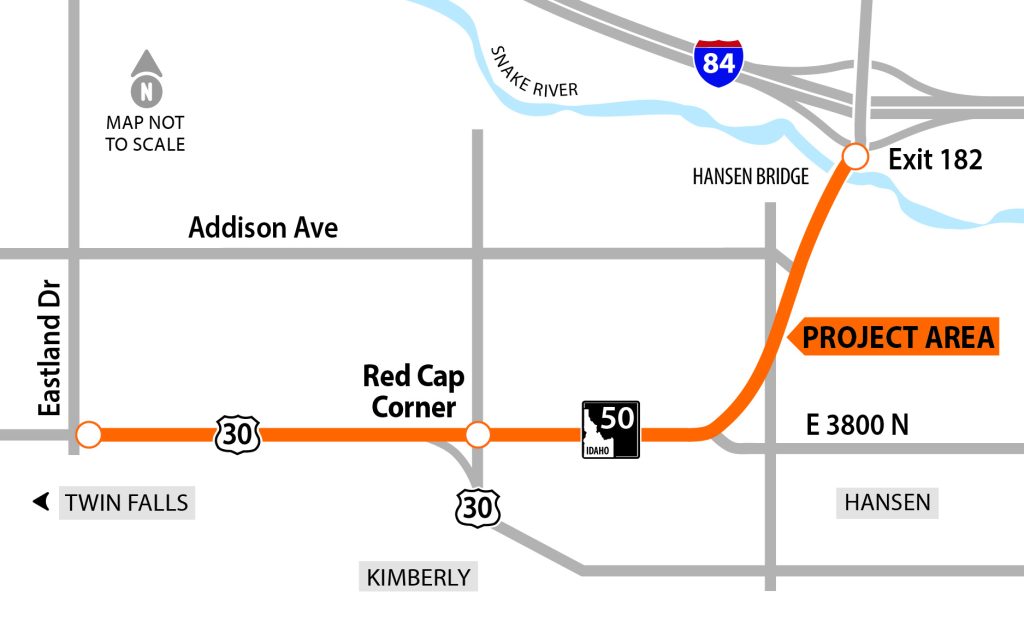 Map of the U.S. Highway 30 and State Highway 50 Corridor Project area. The project area begins at Eastland Drive in Twin Falls and continues to the I-84 on- and off-ramps at Exit 182.