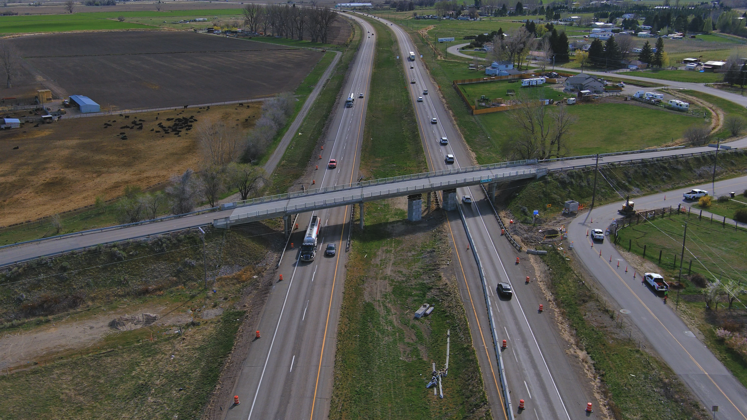 Drone image of the Riverton Road Bridge with live traffic on I-15,