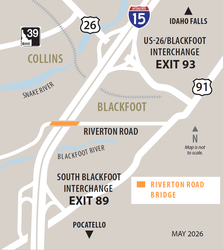 Map showing I-15 between the South Blackfoot Interchange (exit 89) and the US-26/Blackfoot Interchange (Exit 93). The Riverton Road Bridge, in between the two interchanges, is highlighted.