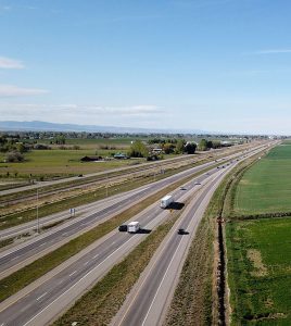 Aerial view of US-20 facing west toward Idaho Falls taken from County Line Road Exit 318.
