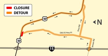 map showing the detour on US-30 at McCammon.