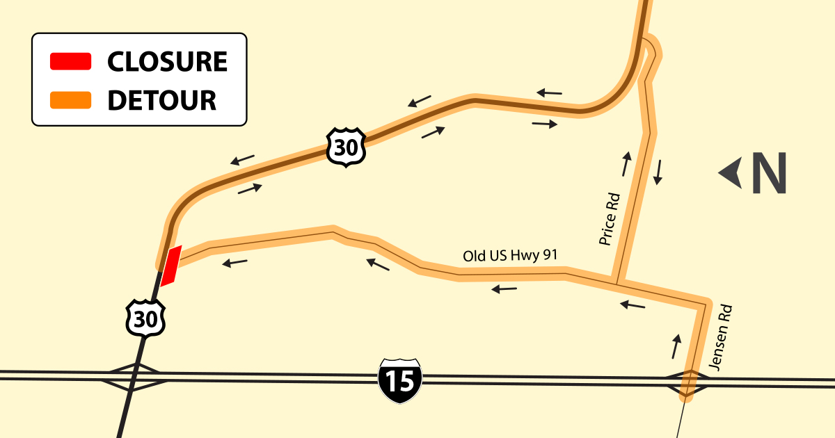 map showing the detour on US-30 at McCammon.