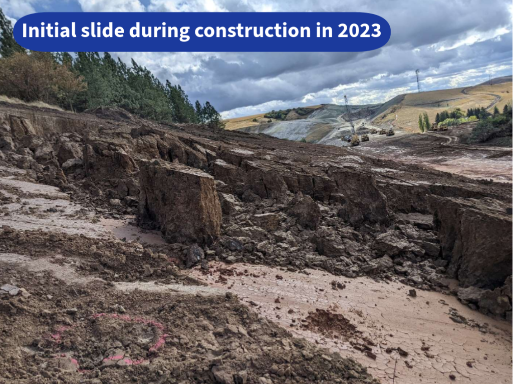 A large landslide is visible on a construction slope, with fractured soil and displaced earth extending across the work area during the U.S. Highway 95 Thorn Creek to Moscow project in 2023.