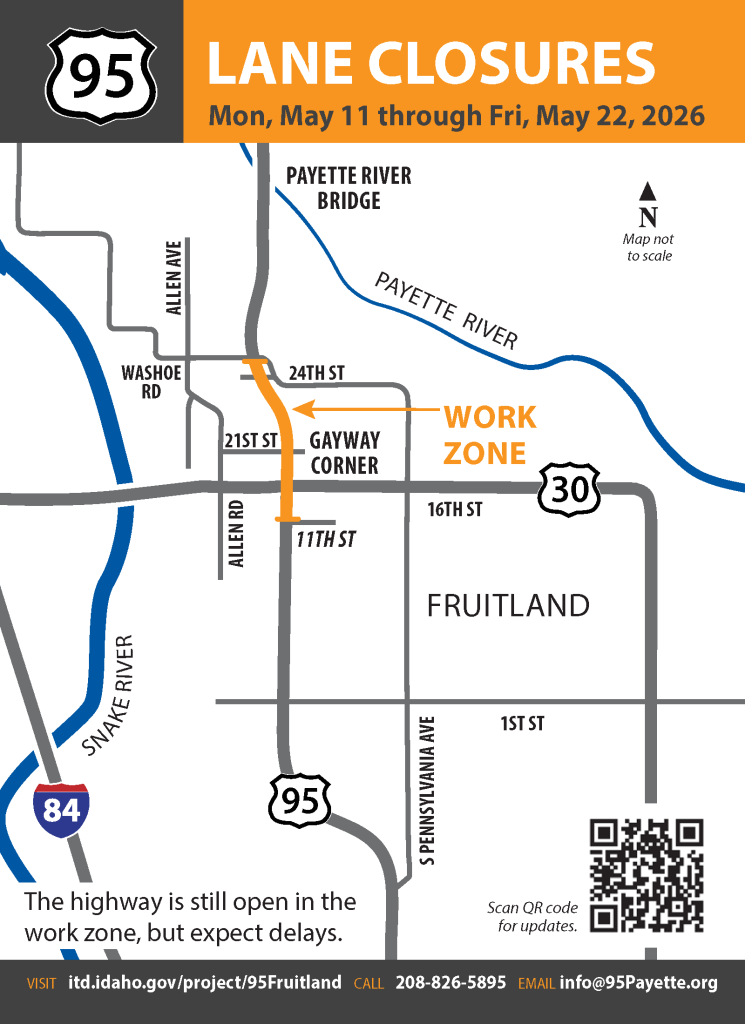 Map with US-95 just south of Gayway Jct to NW 24th St highlighted yellow and labeled work zone. Other text reads "Lane closures Mon, May 11 through Fri, May 22, 2026"