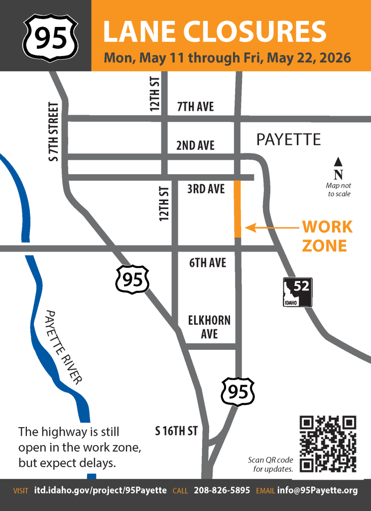 Map with US-95 between 3rd Ave and 6th Ave highlighted yellow and labeled work zone. Other text reads "Lane closures Mon, May 11 through Fri, May 22, 2026"