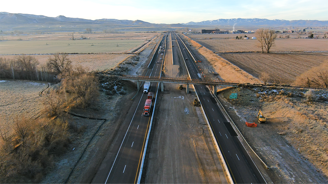 Overhead view of railroad bridge on I-15.