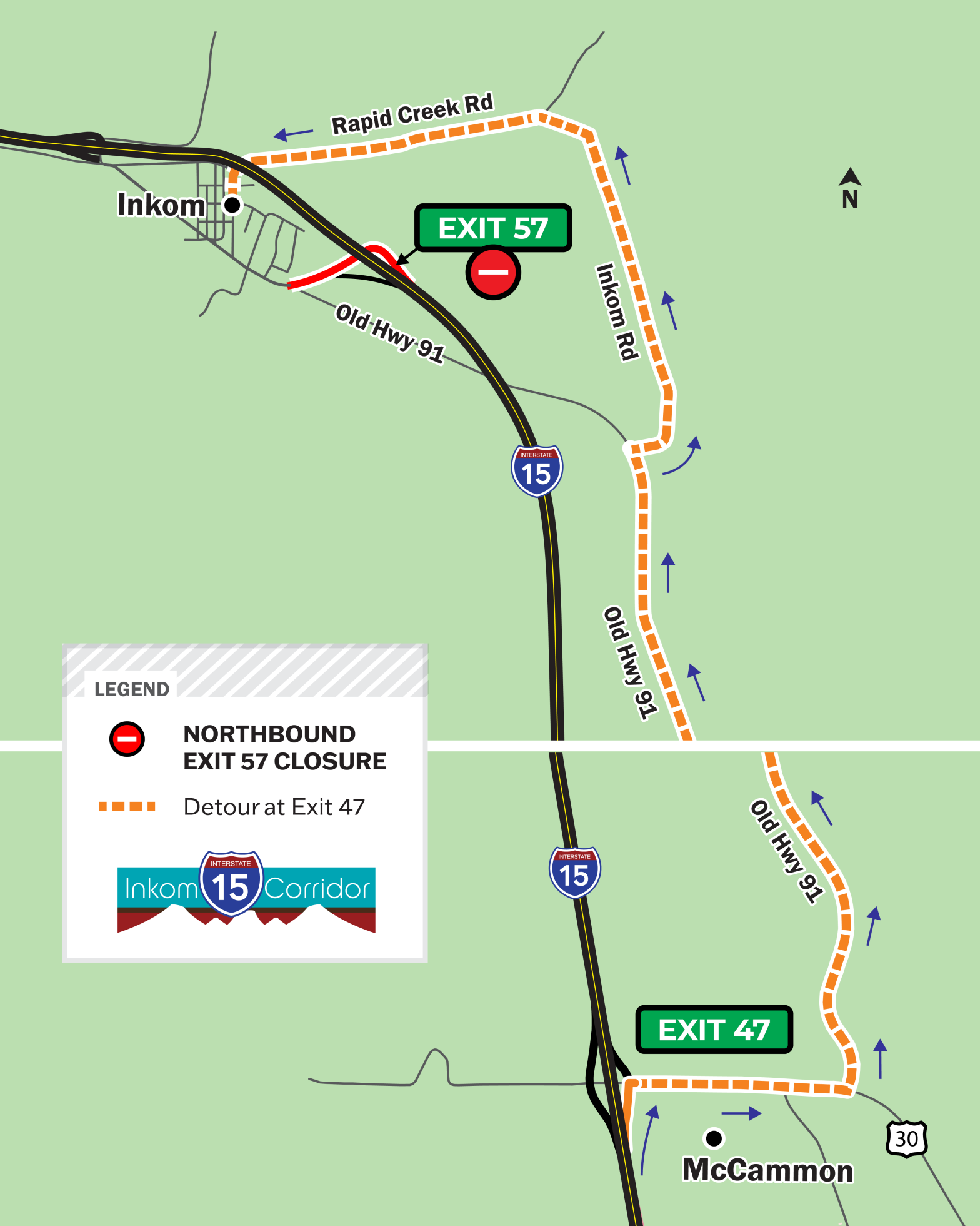 I-15 Exit 57 westbound off-ramp closure in Inkom for ongoing construction