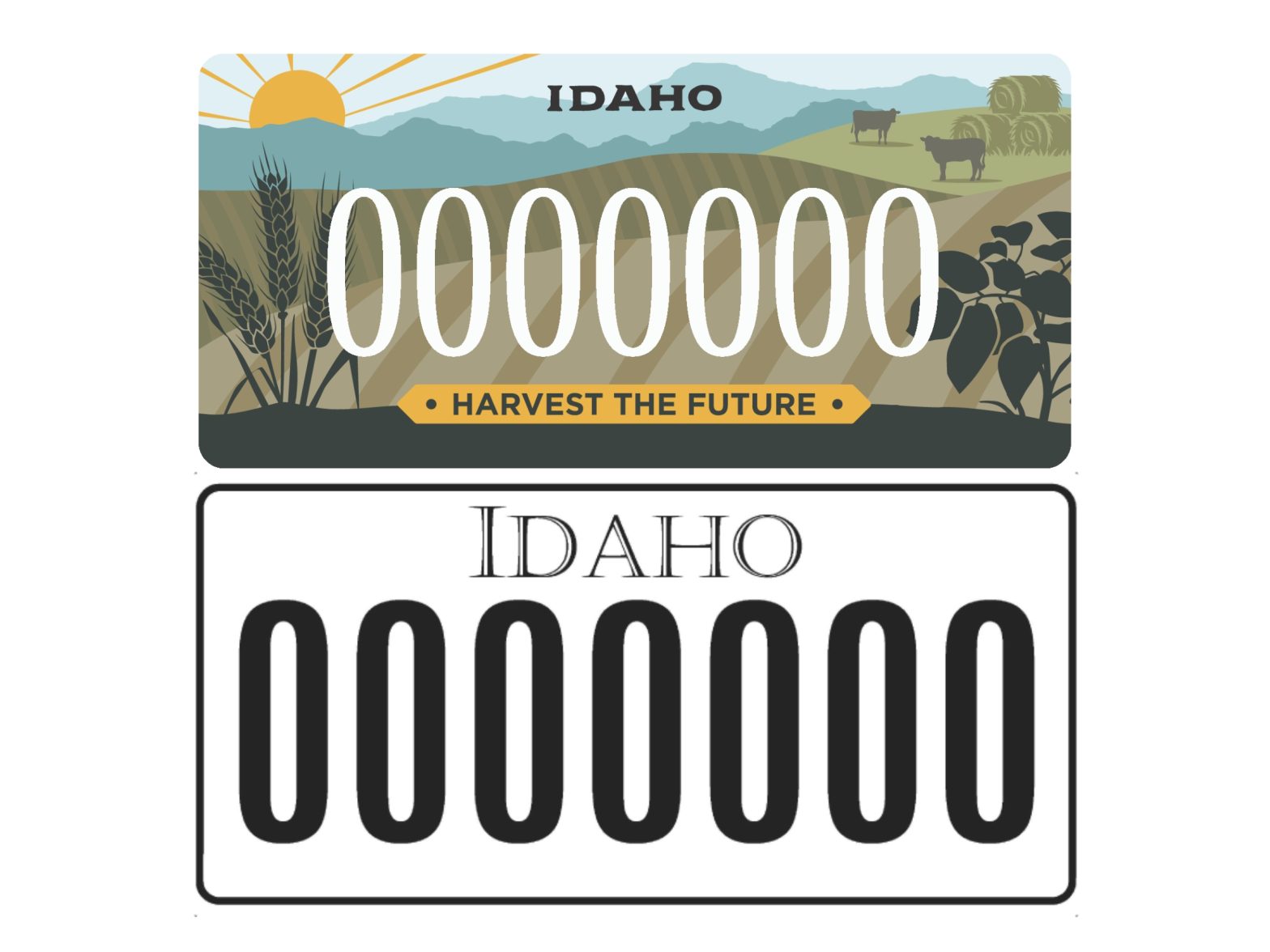 Idaho license plate graphic showing a colorful agriculture‑themed design above a simple black‑and‑white numeric plate.