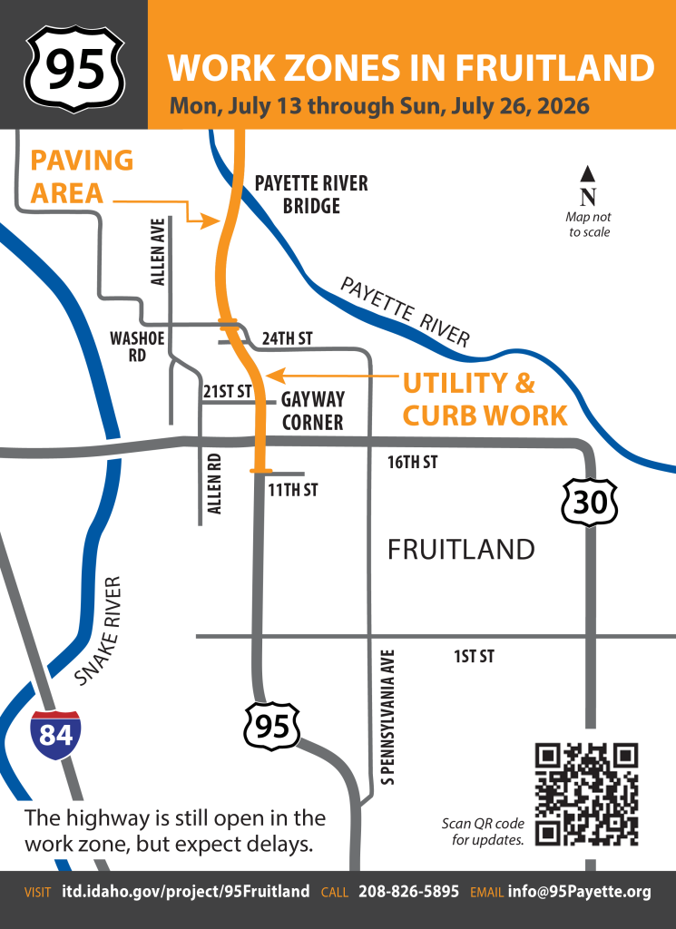Map of Fruitland with US-95 work zone locations highlighted orange and labeled.