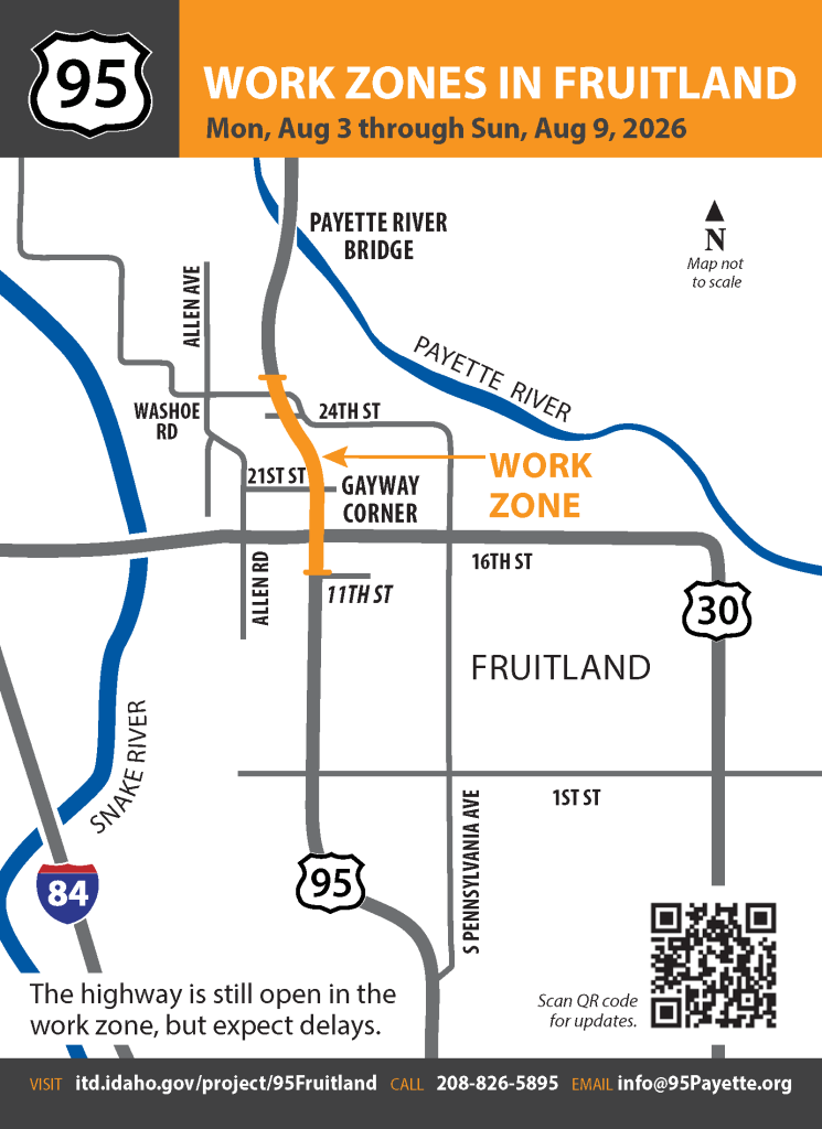 Map of Fruitland with US-95 work zone locations highlighted orange and labeled.