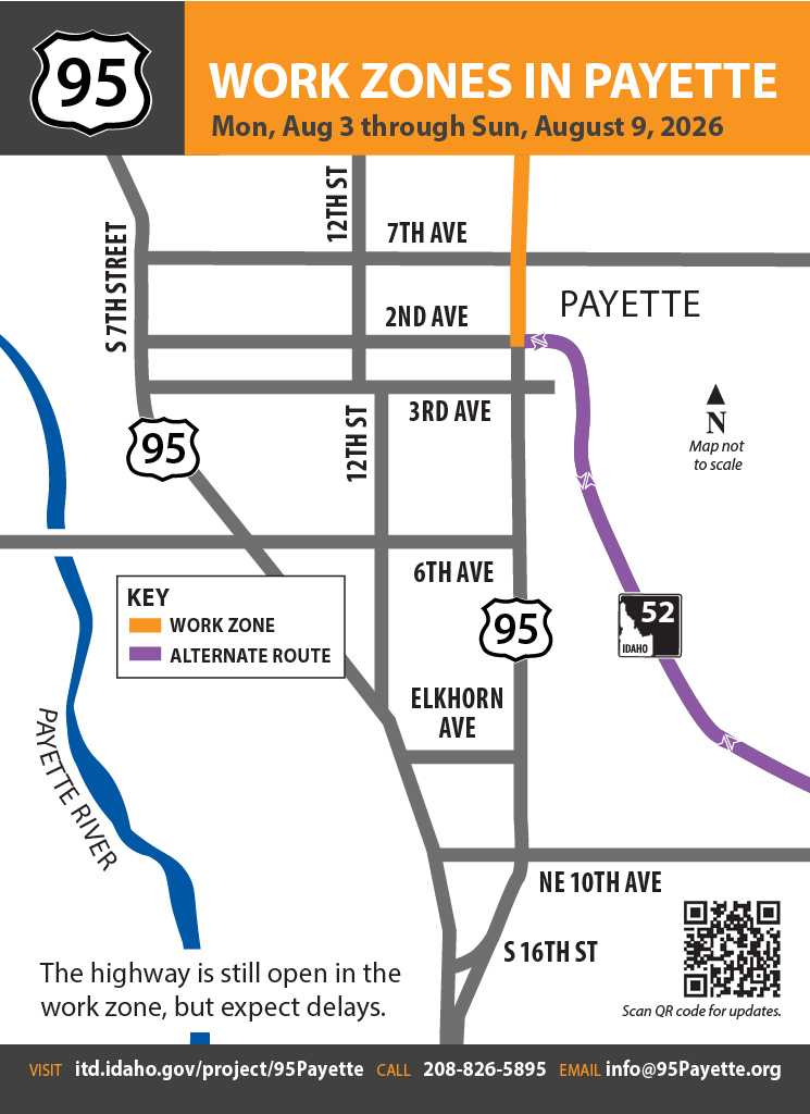 Map of US-95 in Payette with various work zones, closures, detour routes and alternate routes highlighted and labeled.