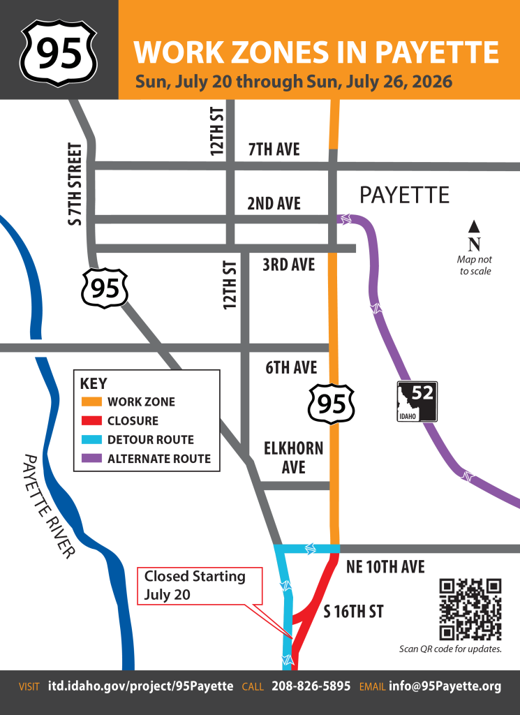 Map of US-95 in Payette with various work zones, closures, detour routes and alternate routes highlighted and labeled.