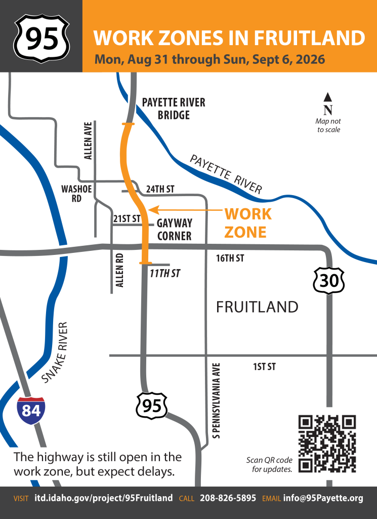 Map of Fruitland with US-95 work zone locations highlighted orange and labeled.