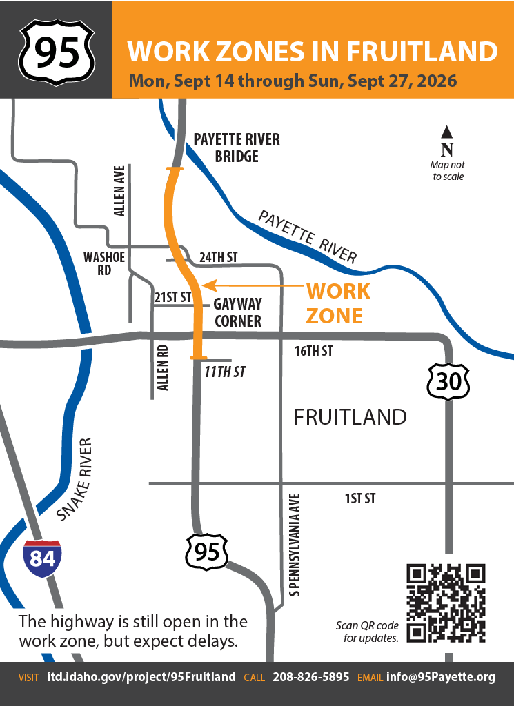 Map of Fruitland with US-95 work zone locations highlighted orange and labeled.