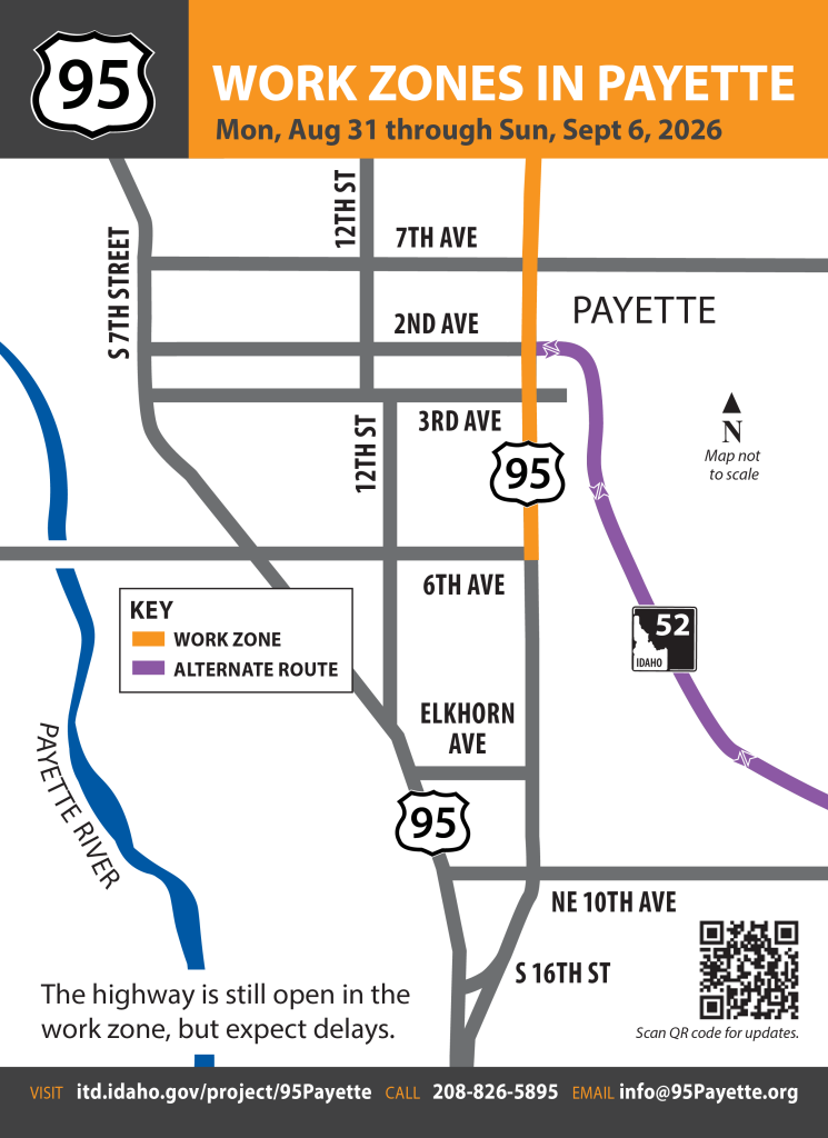Map of US-95 in Payette with various work zones, closures, detour routes and alternate routes highlighted and labeled.