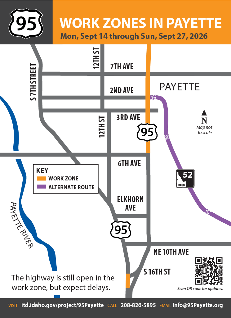 Map of US-95 in Payette with various work zones, closures, detour routes and alternate routes highlighted and labeled.