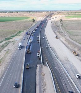 Aerial view of I-15 construction north of Chubbuck.