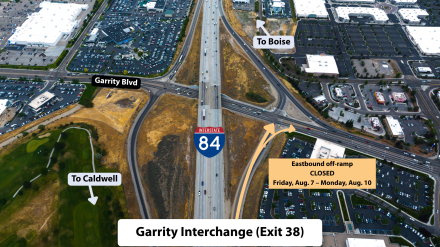 Aerial view of the Garrity Interchange at Interstate 84 Exit 38 in Nampa. The eastbound off-ramp toward Garrity Boulevard is highlighted and marked closed from Friday, Aug. 7, through Monday, Aug. 10. Arrows also identify the directions toward Boise and Caldwell.