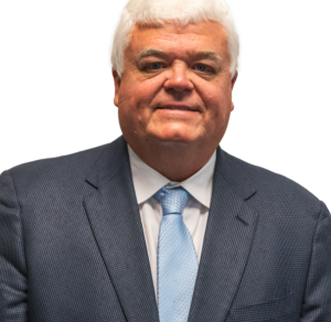 Headshot of a man in grey suit jacket and baby blue tie.