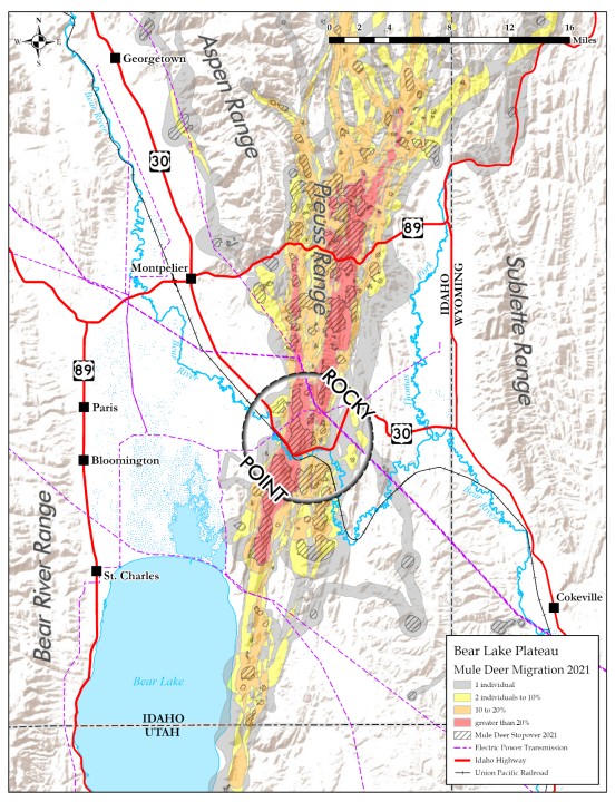 A heat map showing the concentration of deer as they pass through the Rocky Point project area.