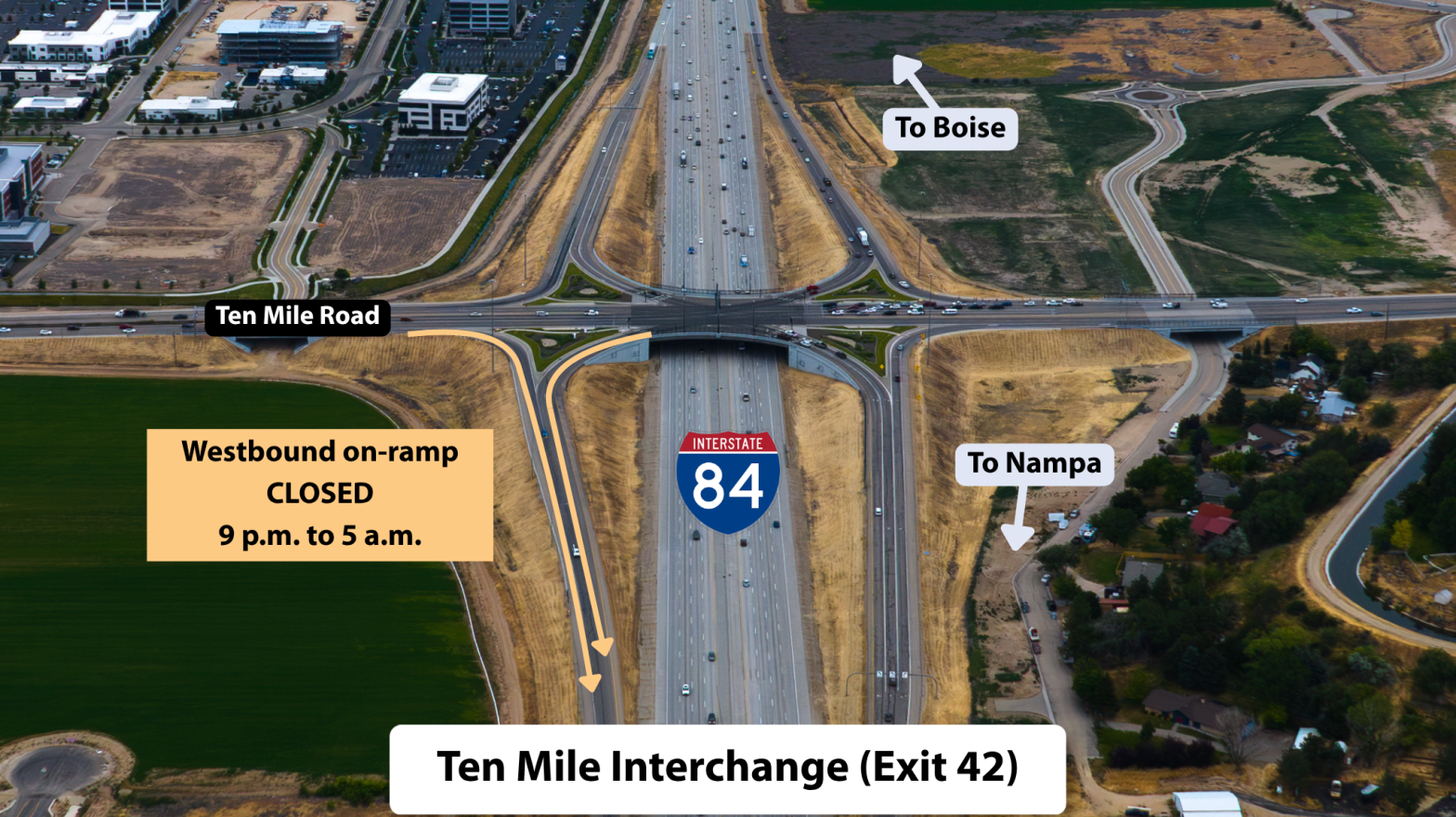 Aerial view of the I-84 Ten Mile Interchange showing the westbound on-ramp from Ten Mile Road highlighted in orange. The ramp is labeled closed from 9 p.m. to 5 a.m., with arrows identifying directions toward Boise and Nampa.