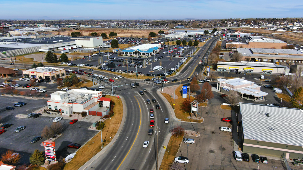 Aerial photo of the intersection of Yellowstone Avenue and Flandro Drive in Pocatello. 