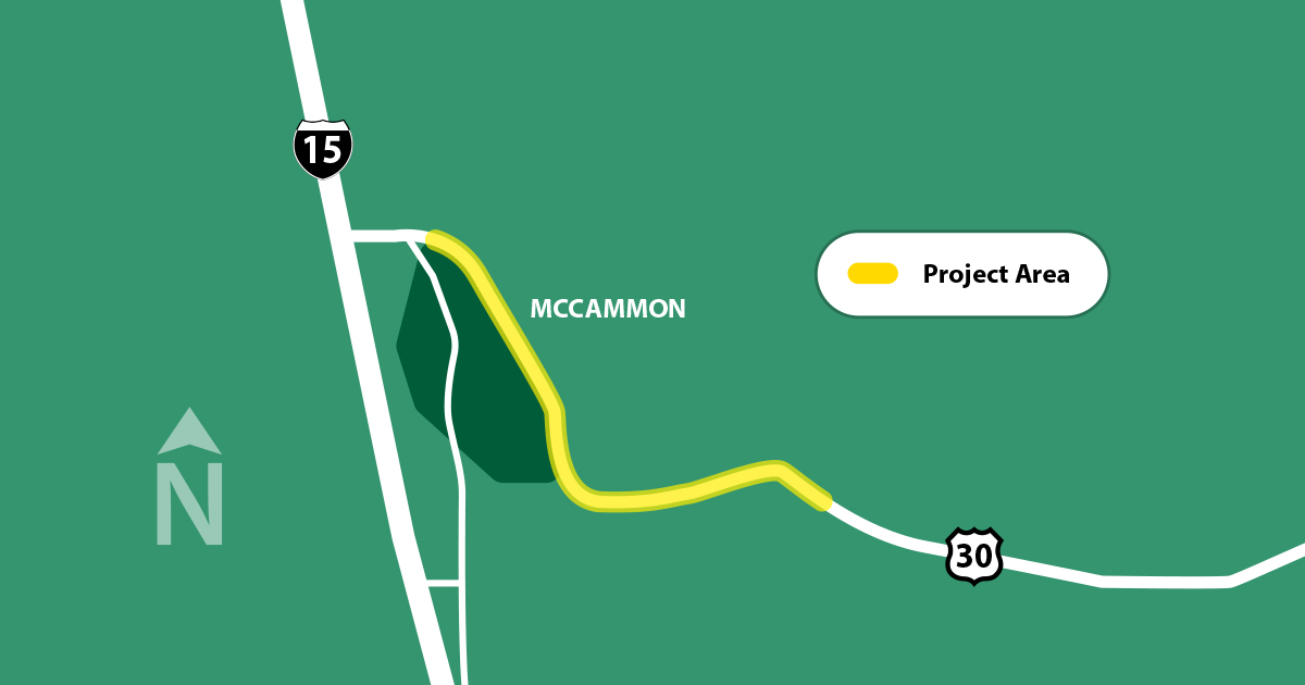 Map showing construction area on US-30 east of McCammon