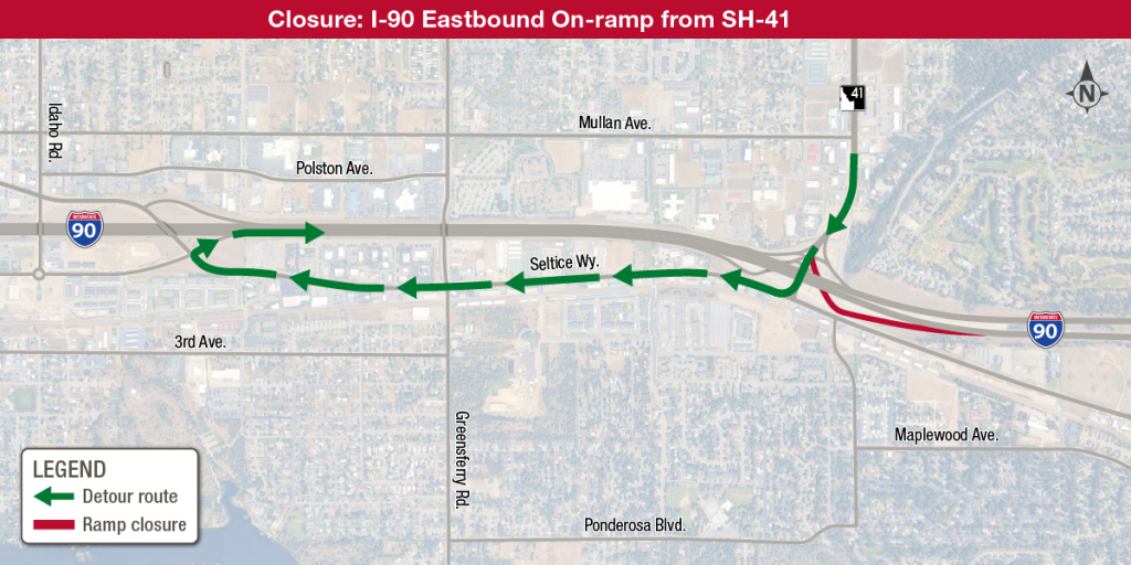 A map showing the eastbound on-ramp from SH-41 in red indicating it is closed, with green arrows directing drivers to Seltice Way for an alternate route.