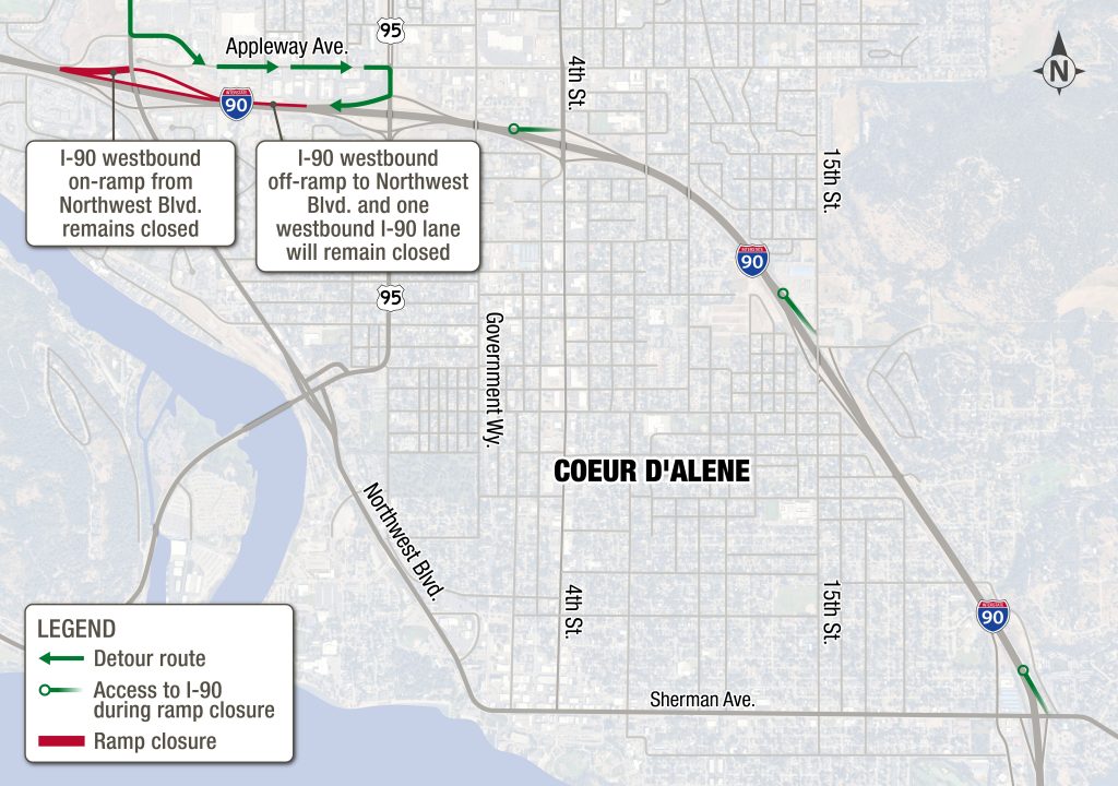 Map showing of Coeur d'Alene showing I-90 lane and ramp closures near Northwest Boulevard, as well as additional I-90 access points for westbound traffic. 