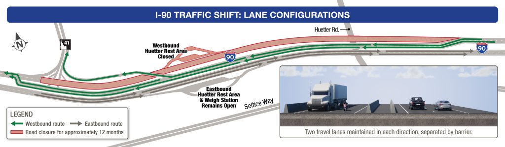 Map showing westbound lanes of I-90 shifted to the east side of the freeway and a cross section photo of lane configurations.
