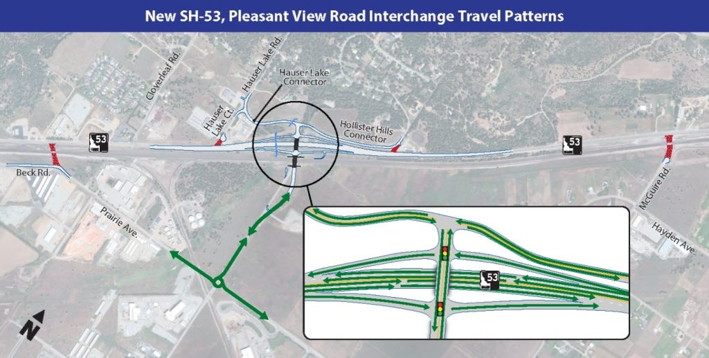 Map of the new, fully functional interchange with green arrows showing how and where traffic will flow.