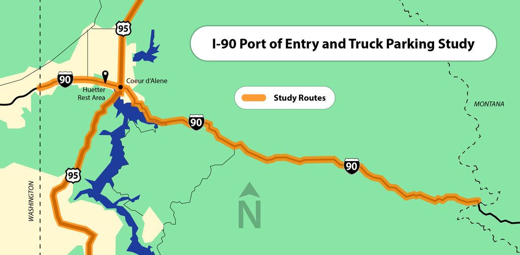 Map showing I-90 from Washington to Montana, and US-95 from Hayden to south of Coeur d'Alene highlighted in orange as the routes being evaluated by this study. 