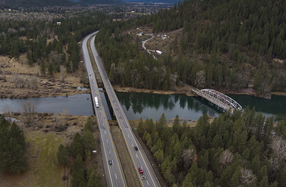 Aerial view of I-90 bridges over the CDA River in North Idaho