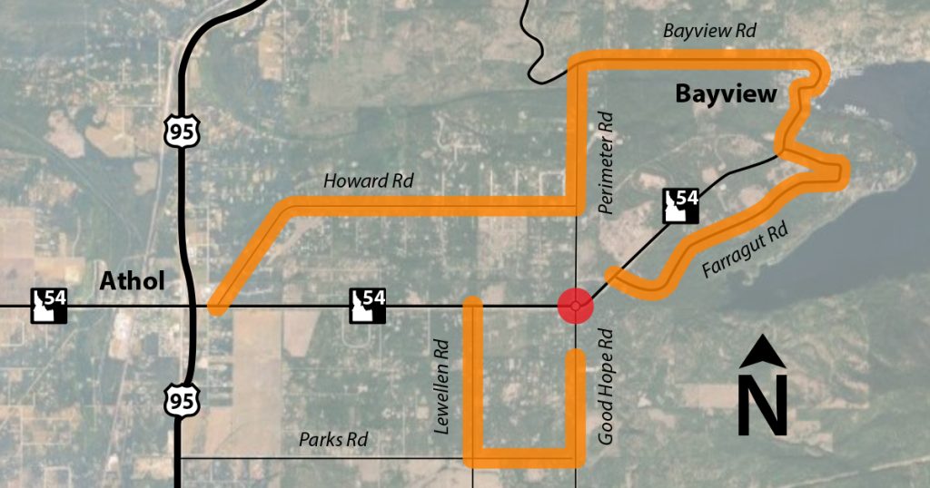 Map showing the traffic circle on SH-54 near Farragut State Park closed in red. Orange lines show drivers detour routes around the area.