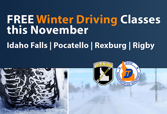 Graphic showing winter driving condition photos and detailing town where free classes are offered across East Idaho.